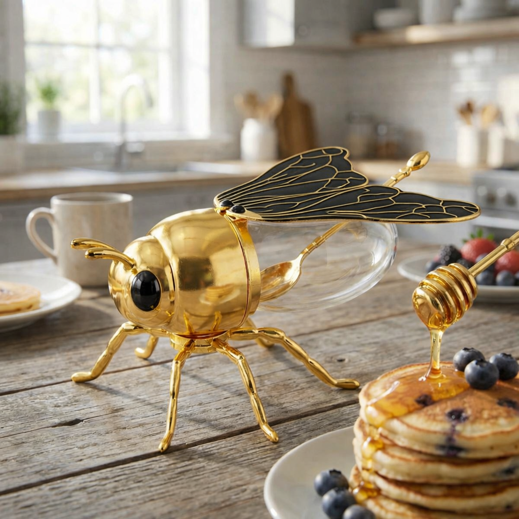 Bee Honey Jar with Open-Close Wings & Honey Dipper