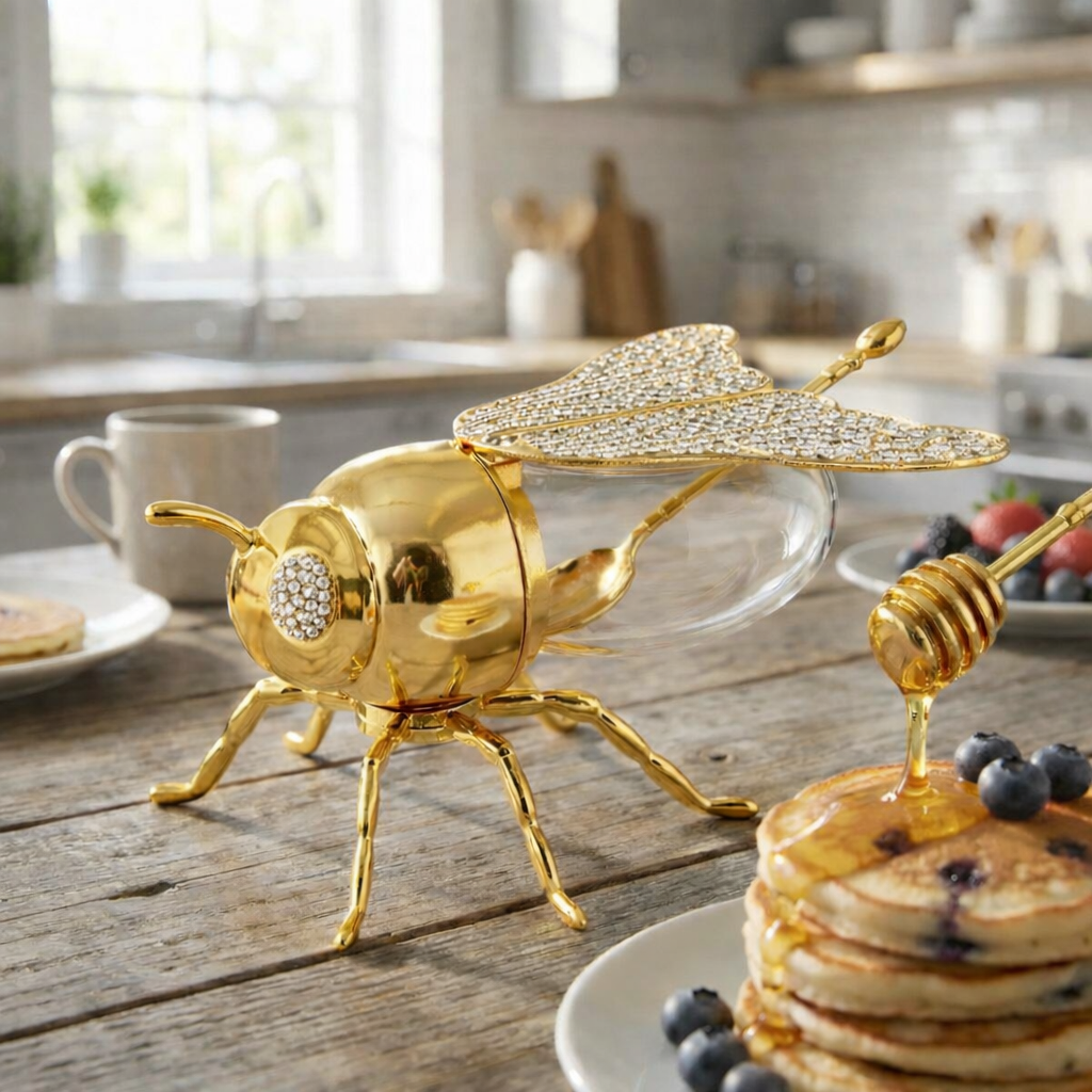 Bee Honey Jar with Open-Close Wings & Honey Dipper