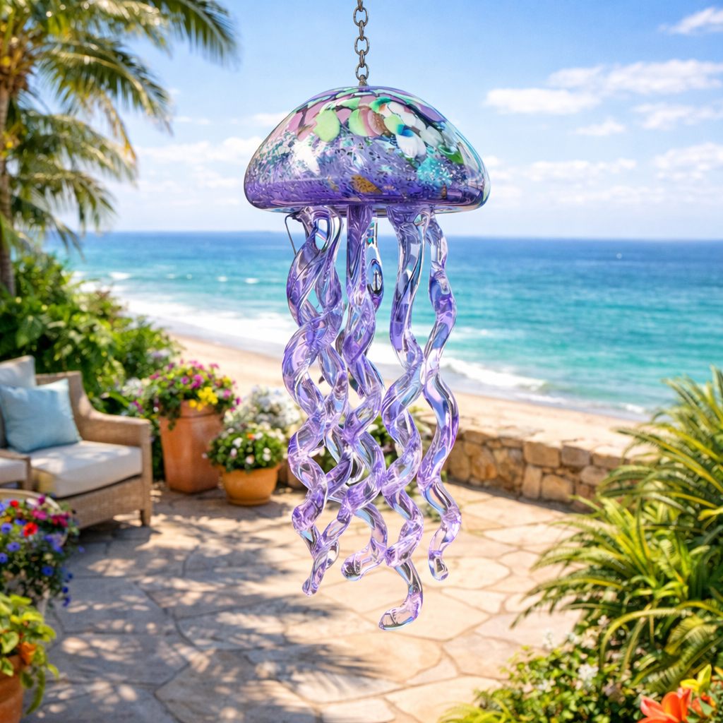Glass Jellyfish Hanging Ornament – Ocean-Inspired Patio, Balcony & Garden Décor