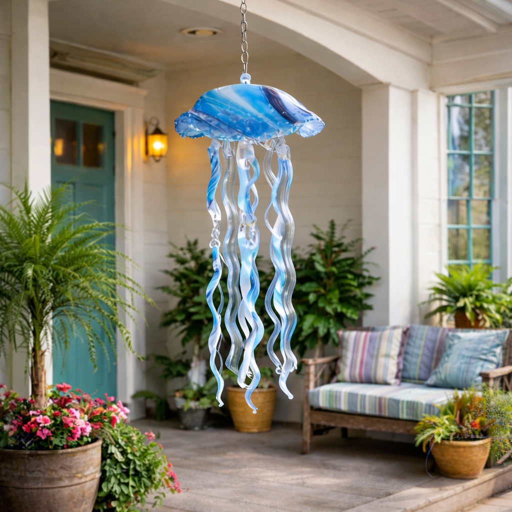 Glass Jellyfish Hanging Ornament – Ocean-Inspired Patio, Balcony & Garden Décor