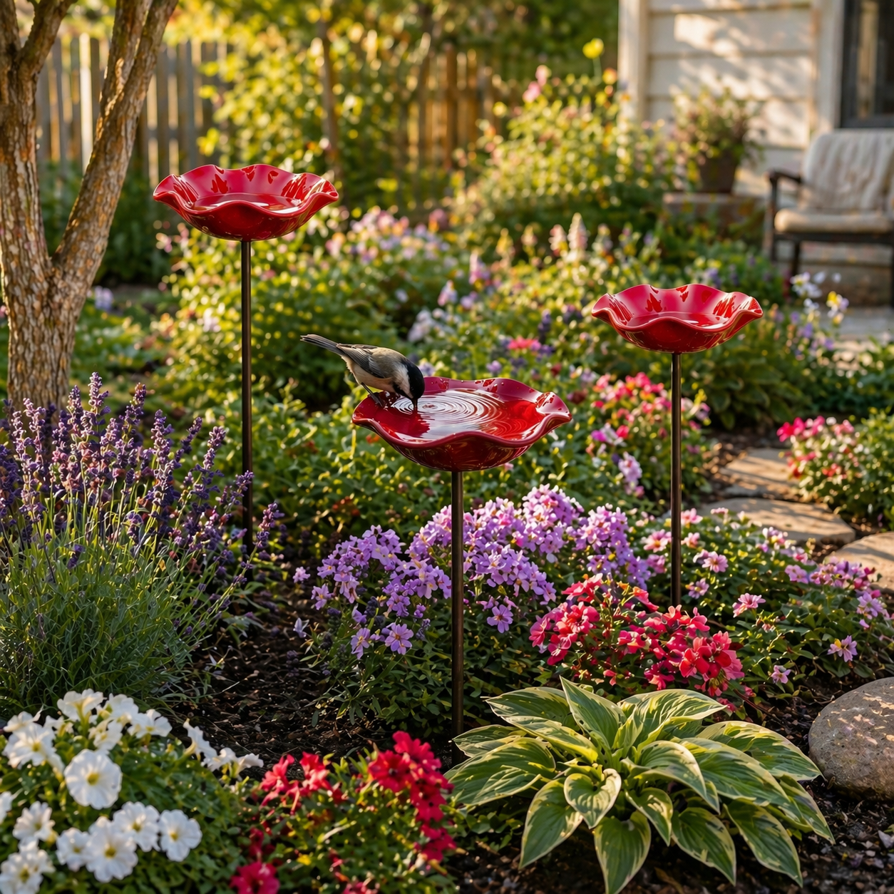 Red Bird Bath Garden Stake