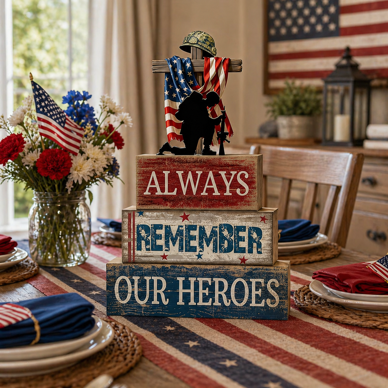 Patriotic Wooden Memorial Block Sign – Always Remember Our Heroes