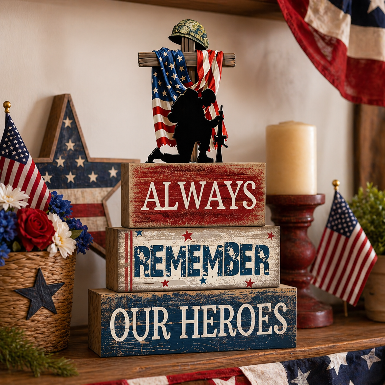 Patriotic Wooden Memorial Block Sign – Always Remember Our Heroes