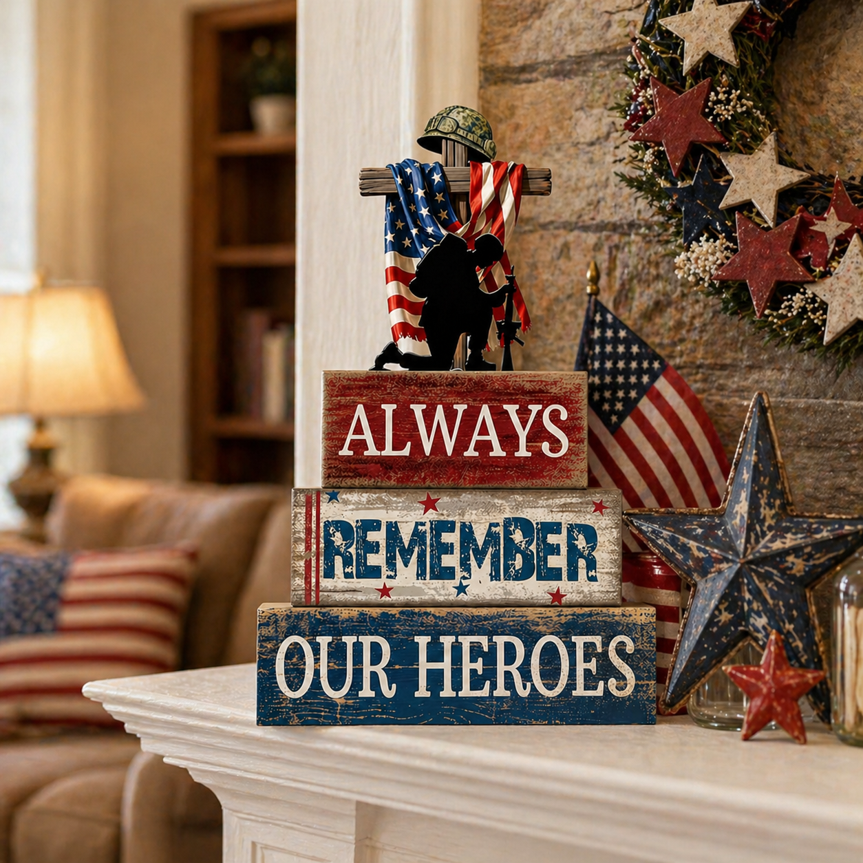 Patriotic Wooden Memorial Block Sign – Always Remember Our Heroes