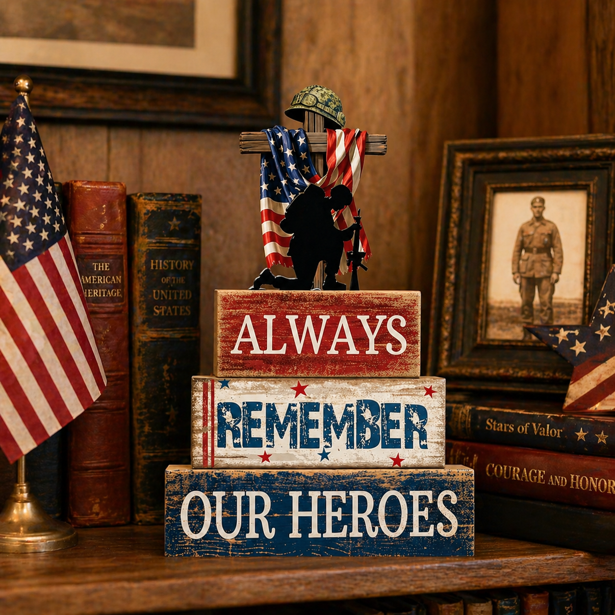 Patriotic Wooden Memorial Block Sign – Always Remember Our Heroes