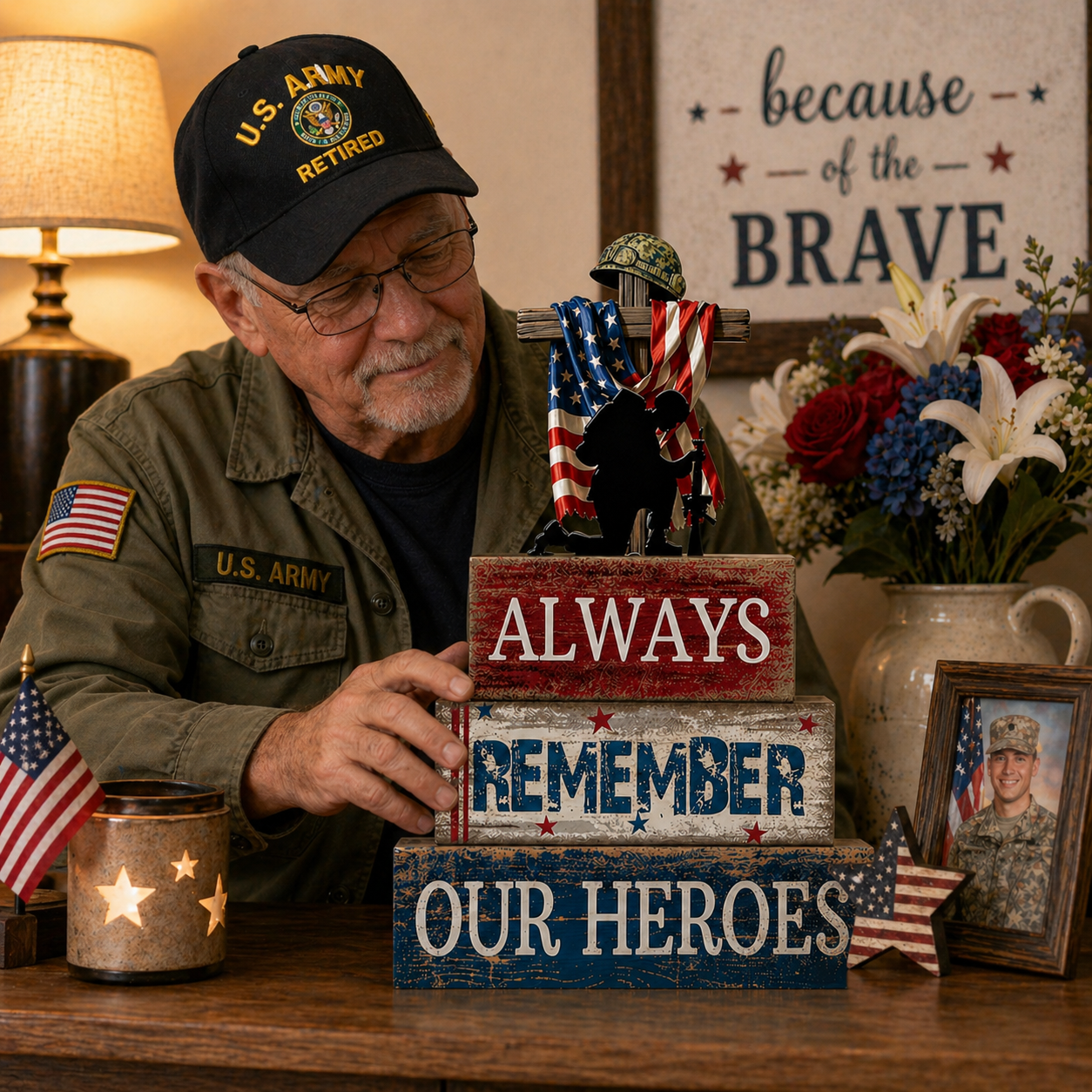 Patriotic Wooden Memorial Block Sign – Always Remember Our Heroes