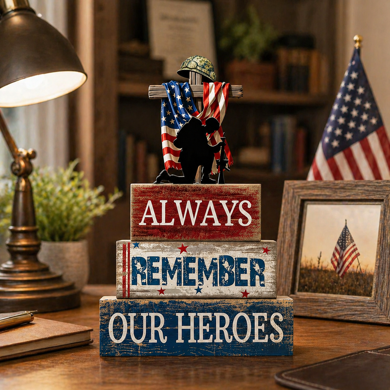 Patriotic Wooden Memorial Block Sign – Always Remember Our Heroes