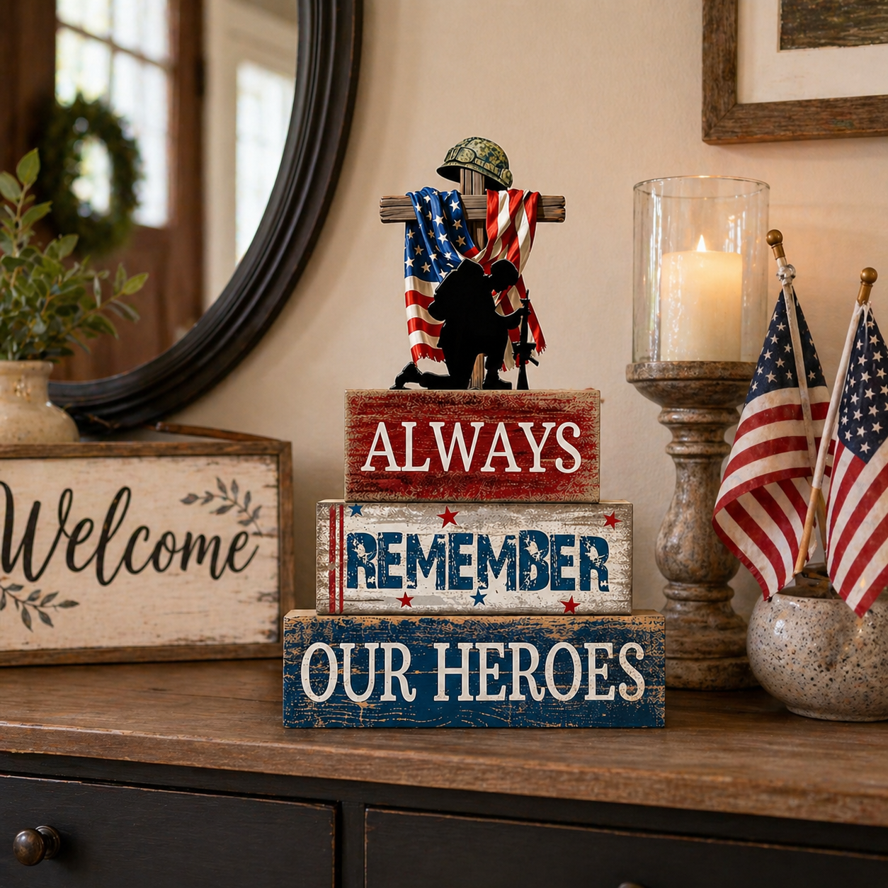 Patriotic Wooden Memorial Block Sign – Always Remember Our Heroes