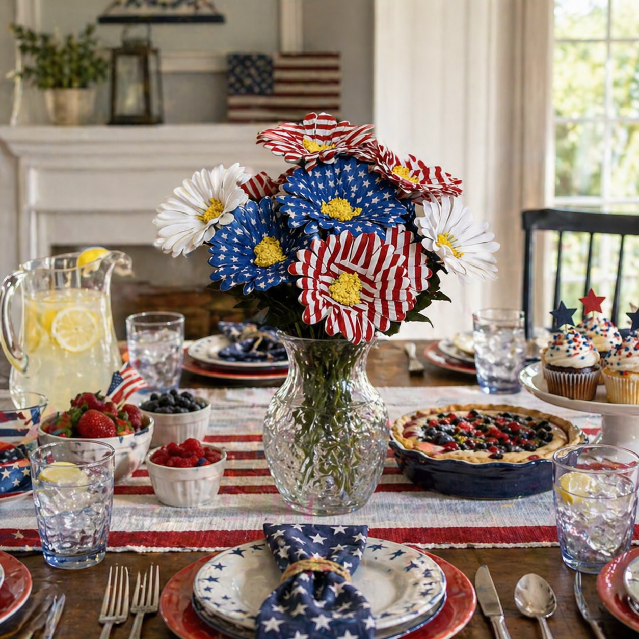 2PC Patriotic Red White & Blue Silk Daisy Flower Bouquet Set