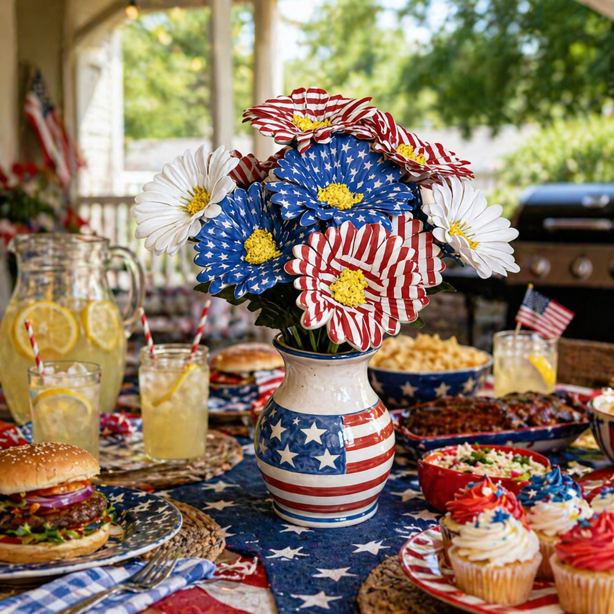 2PC Patriotic Red White & Blue Silk Daisy Flower Bouquet Set