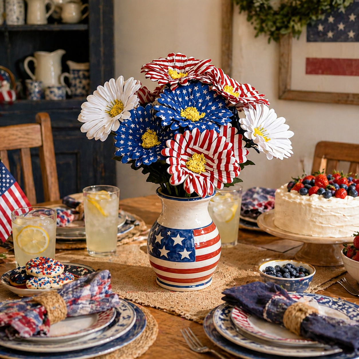 2PC Patriotic Red White & Blue Silk Daisy Flower Bouquet Set