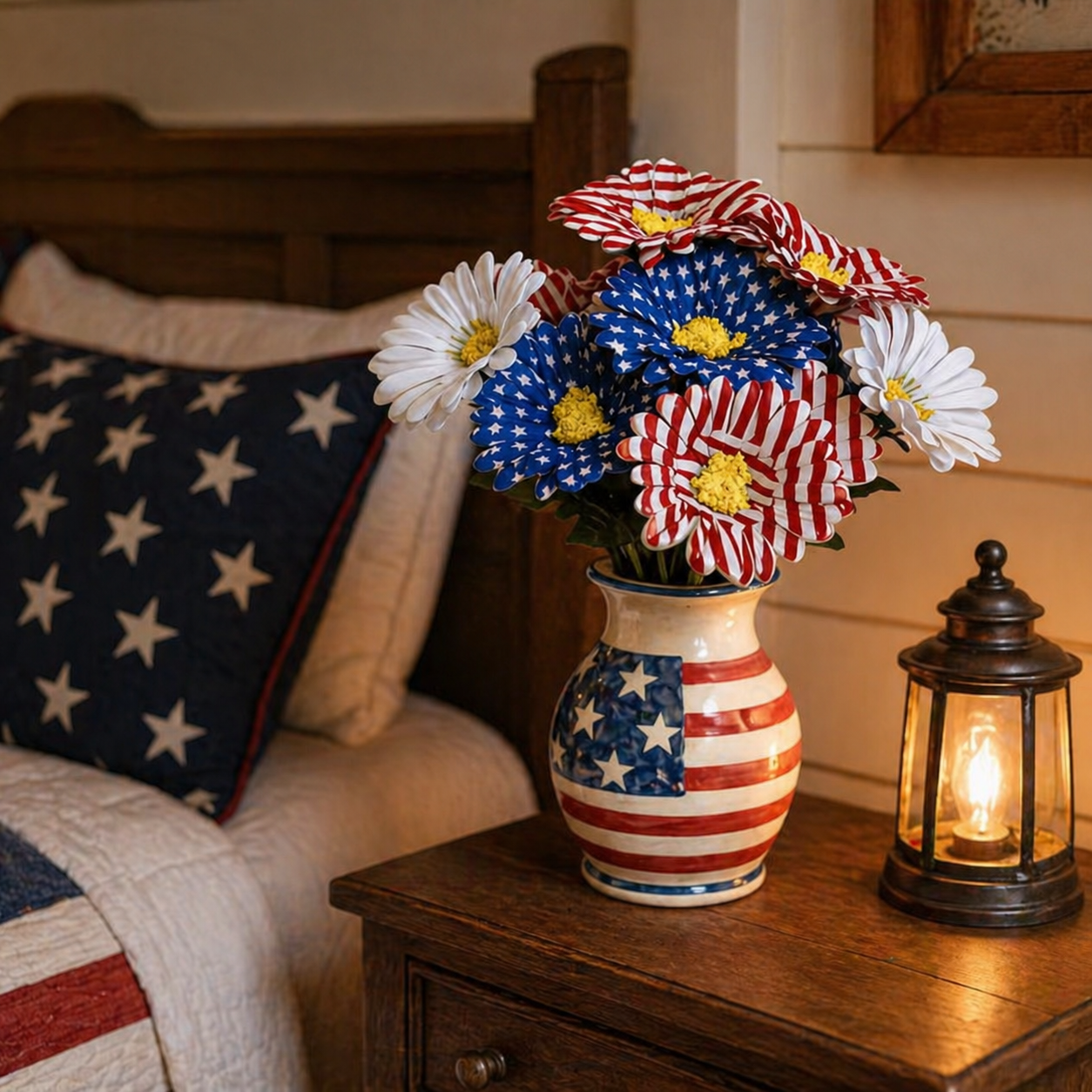 2PC Patriotic Red White & Blue Silk Daisy Flower Bouquet Set