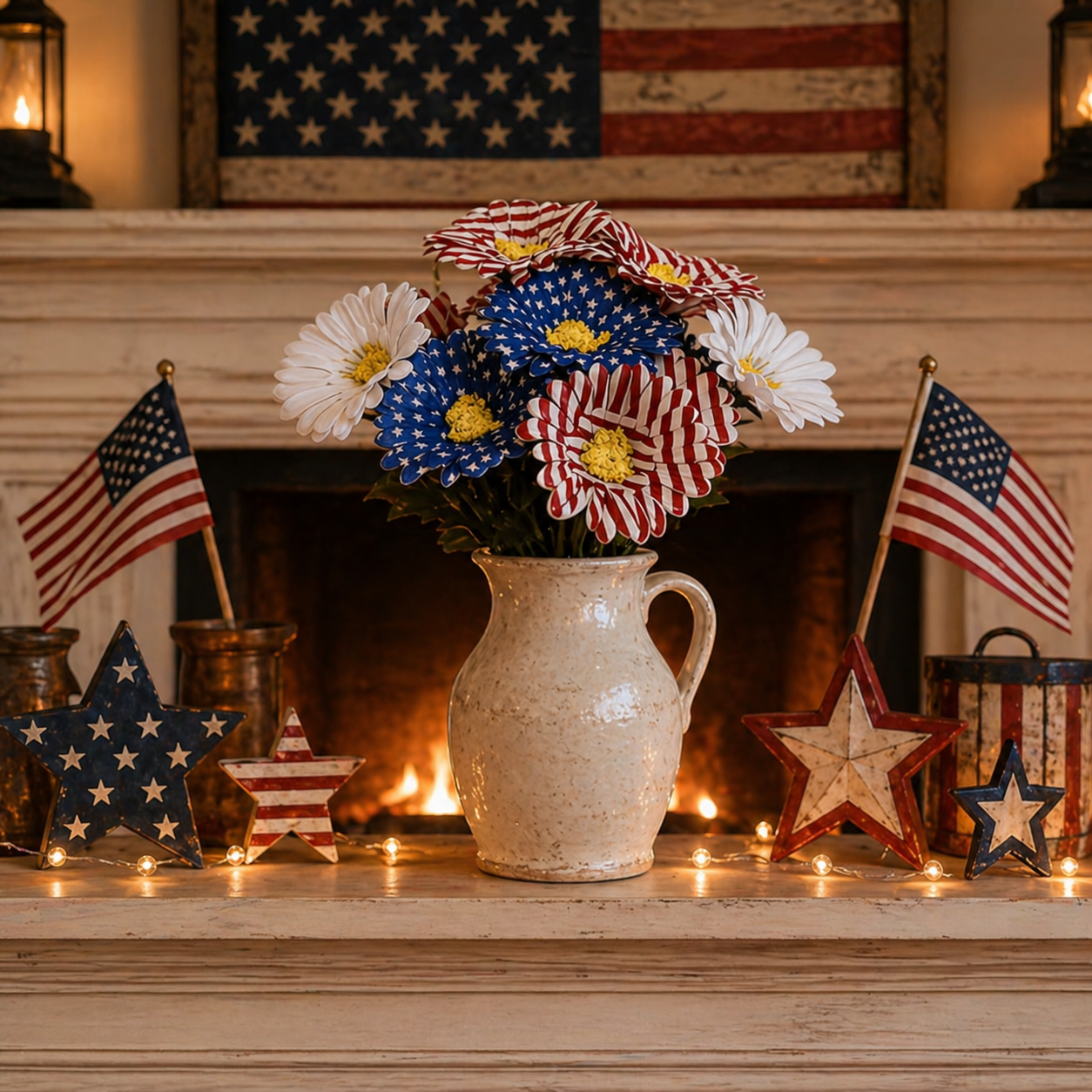 2PC Patriotic Red White & Blue Silk Daisy Flower Bouquet Set