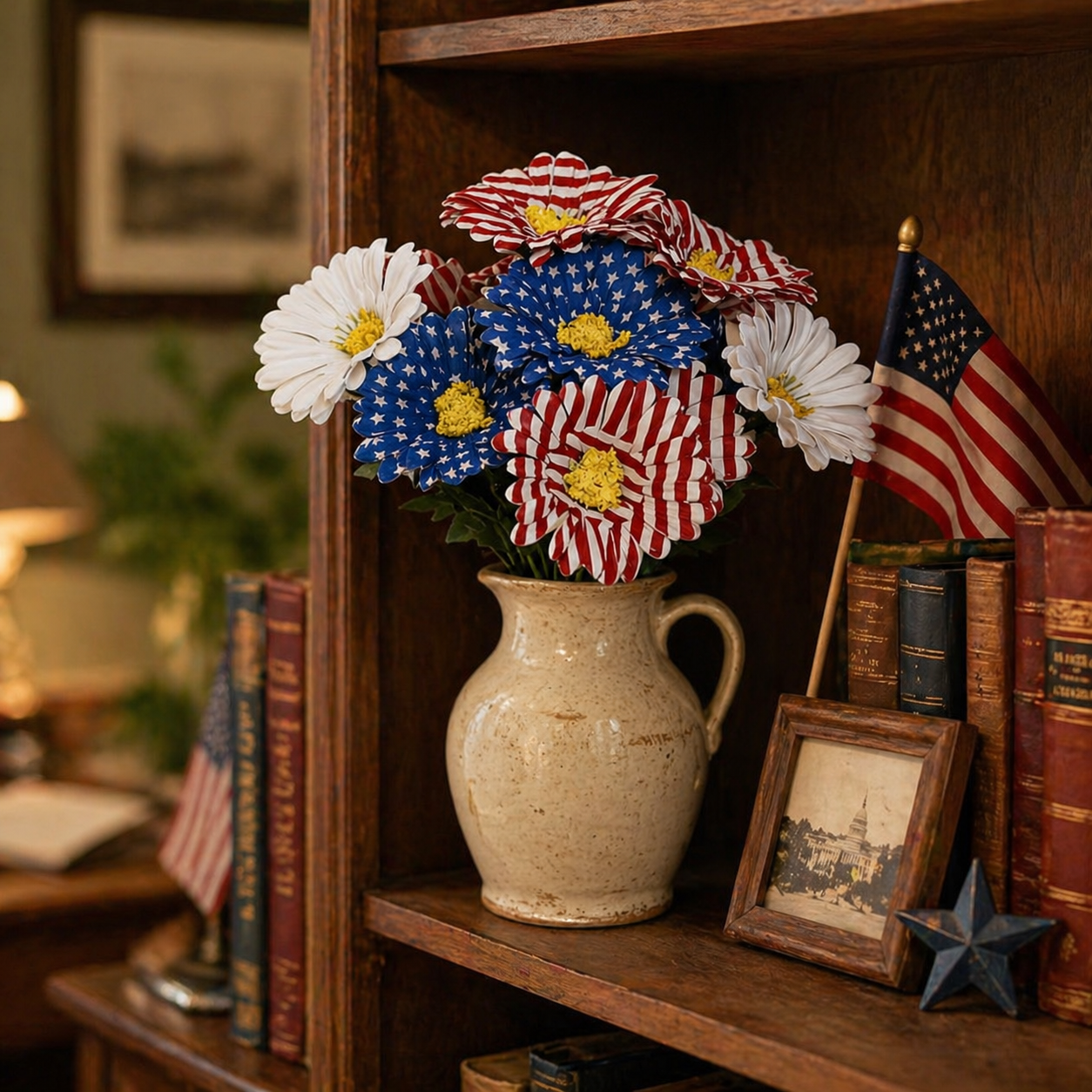 2PC Patriotic Red White & Blue Silk Daisy Flower Bouquet Set