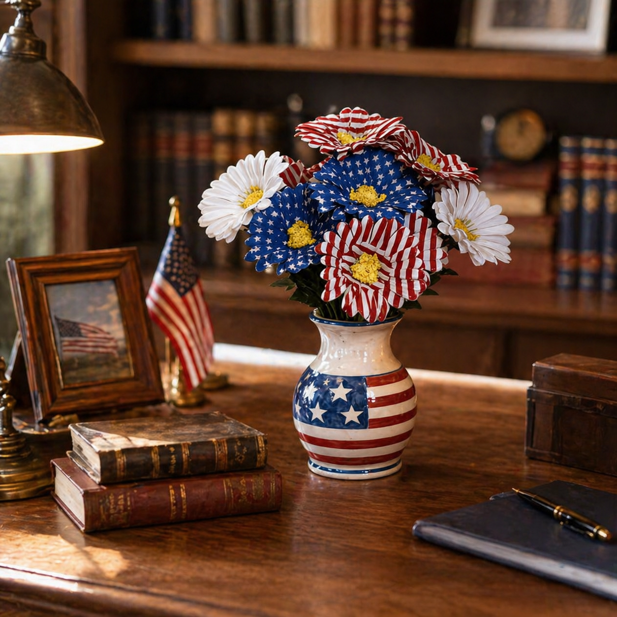 2PC Patriotic Red White & Blue Silk Daisy Flower Bouquet Set