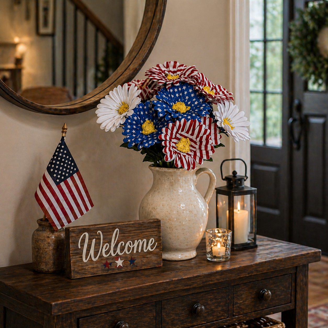 2PC Patriotic Red White & Blue Silk Daisy Flower Bouquet Set