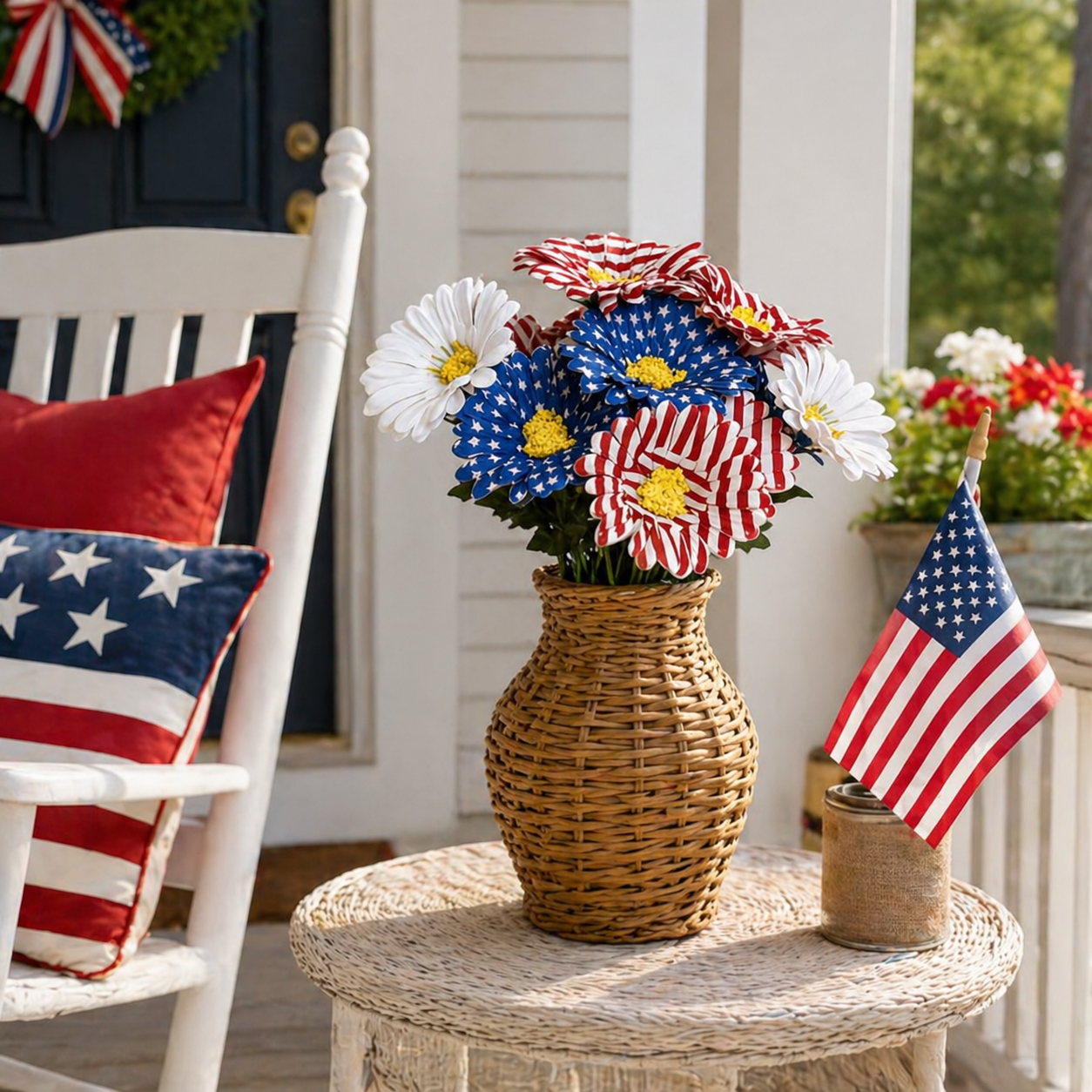 2PC Patriotic Red White & Blue Silk Daisy Flower Bouquet Set