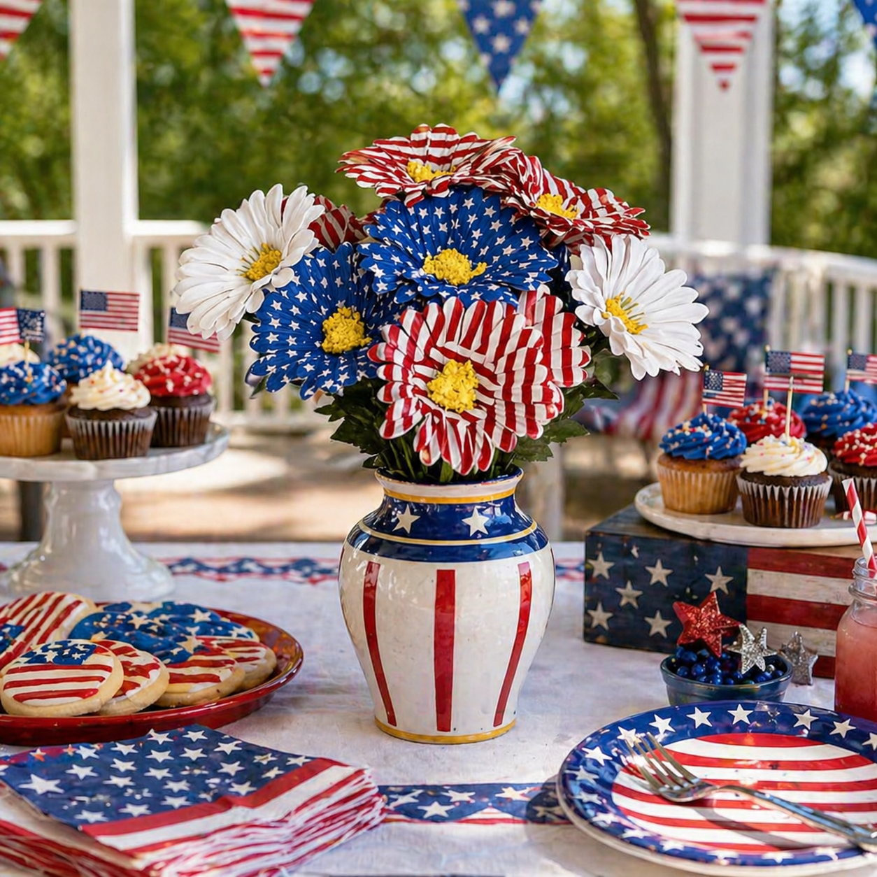 2PC Patriotic Red White & Blue Silk Daisy Flower Bouquet Set