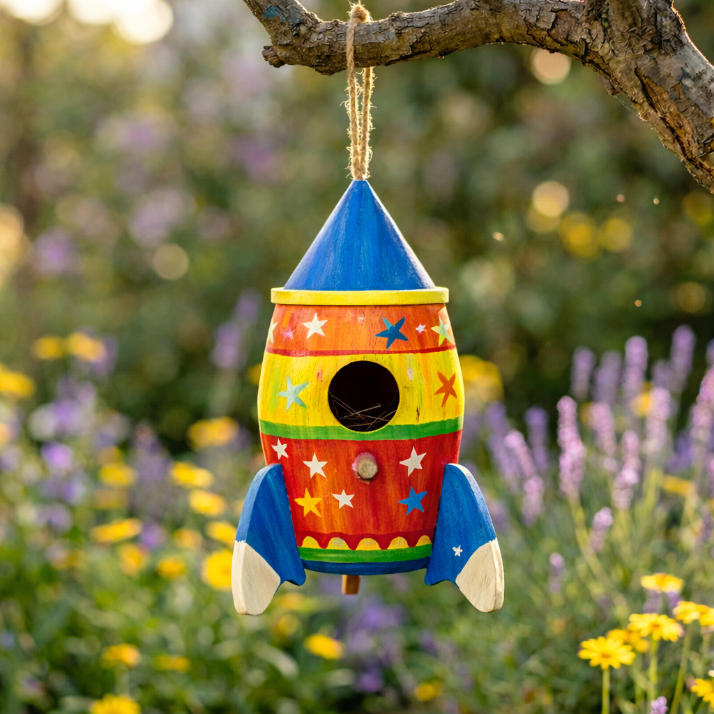 Rocket-Shaped Wooden Birdhouse for DIY Painting – Hanging Outdoor Garden Bird House Decor