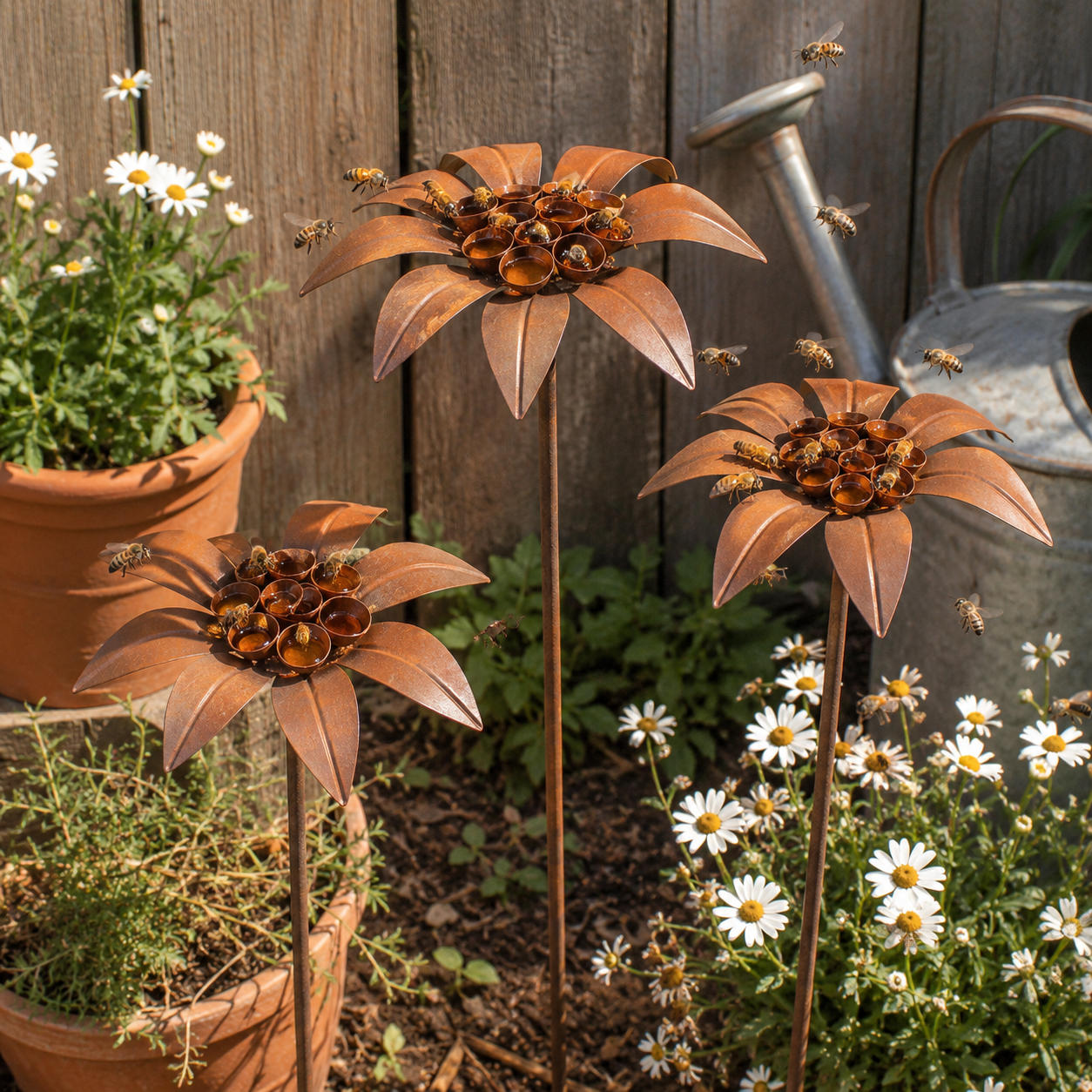 Rustic Metal Flower Garden Stake & Pollinator Feeder