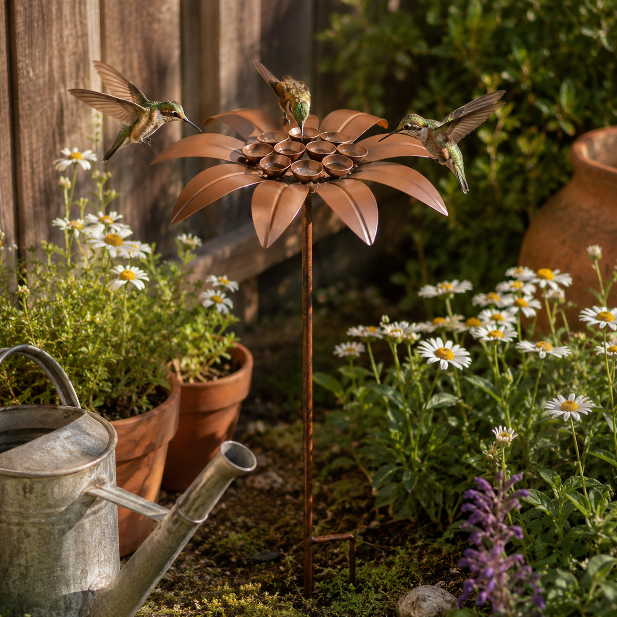 Rustic Metal Flower Garden Stake & Pollinator Feeder