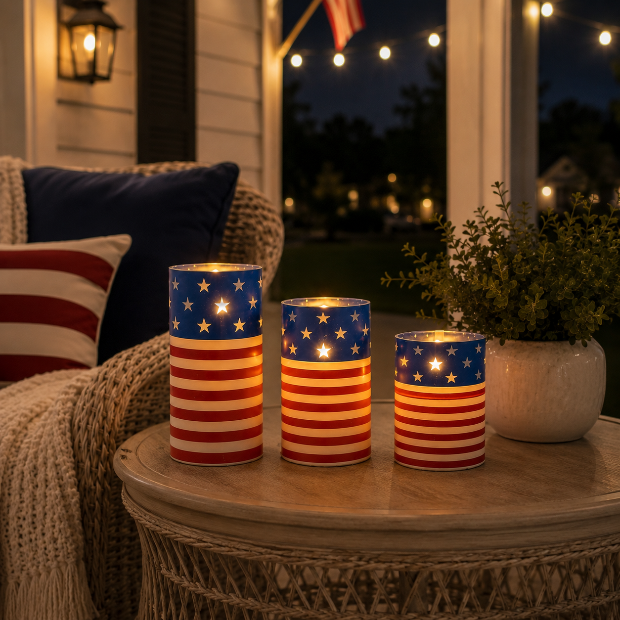 A patriotic-themed flameless LED candle set with remote control.