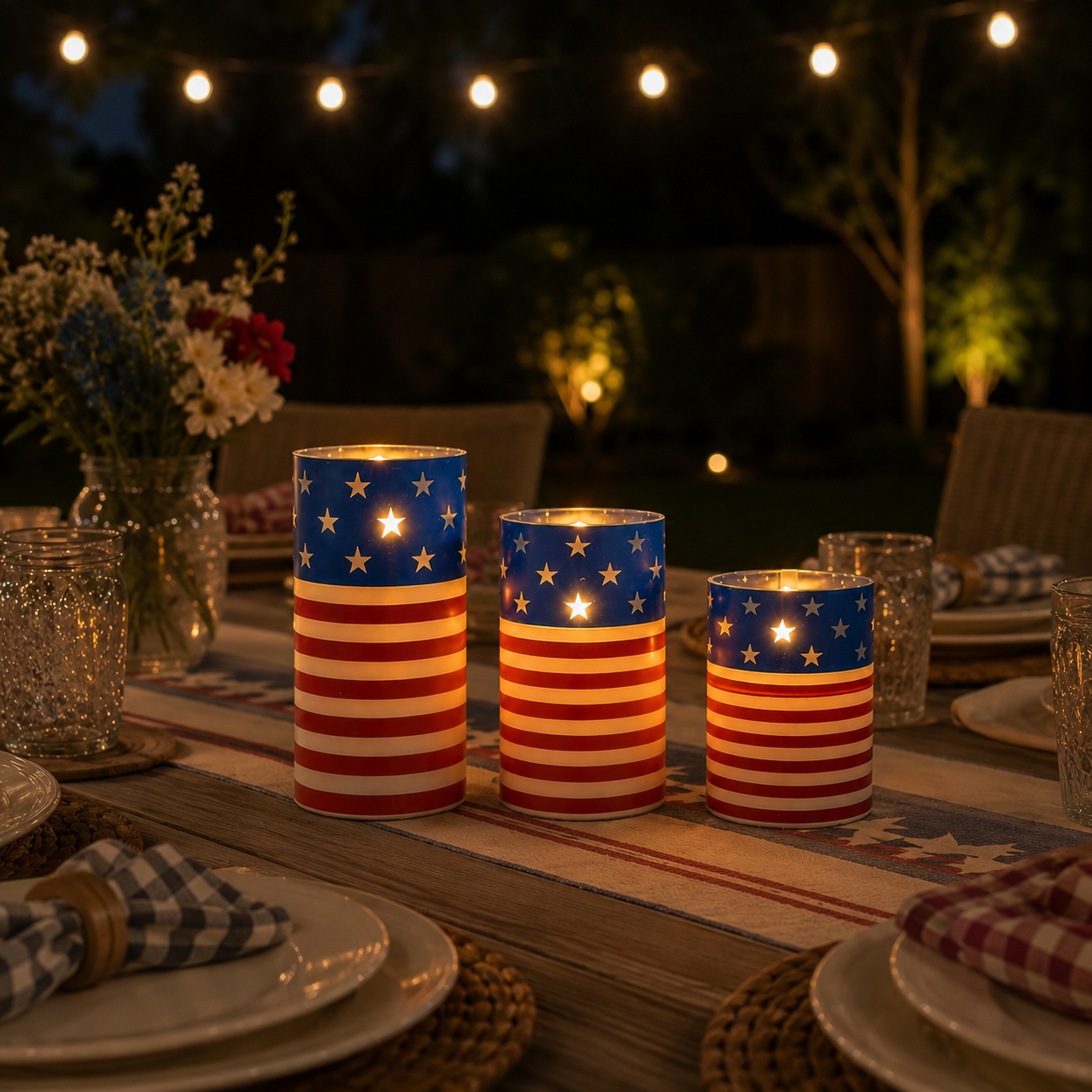 A patriotic-themed flameless LED candle set with remote control.