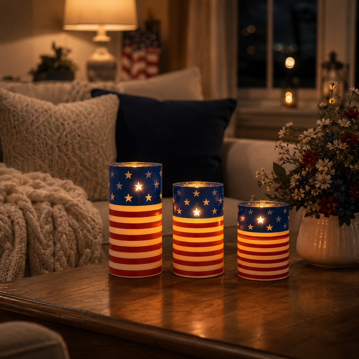 A patriotic-themed flameless LED candle set with remote control.