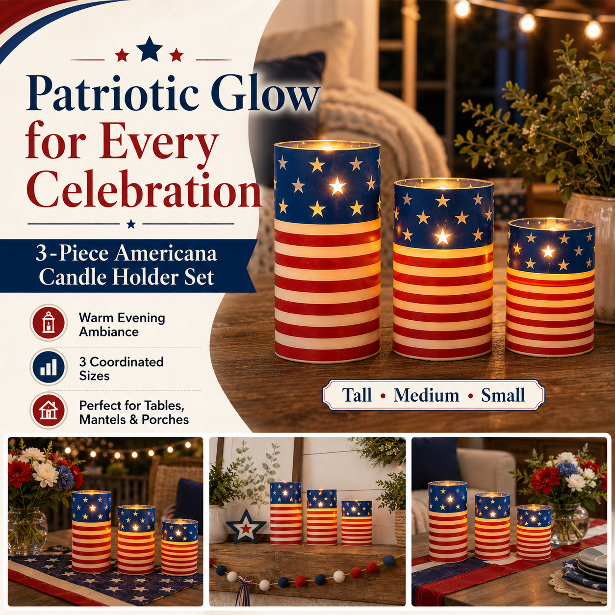 A patriotic-themed flameless LED candle set with remote control.