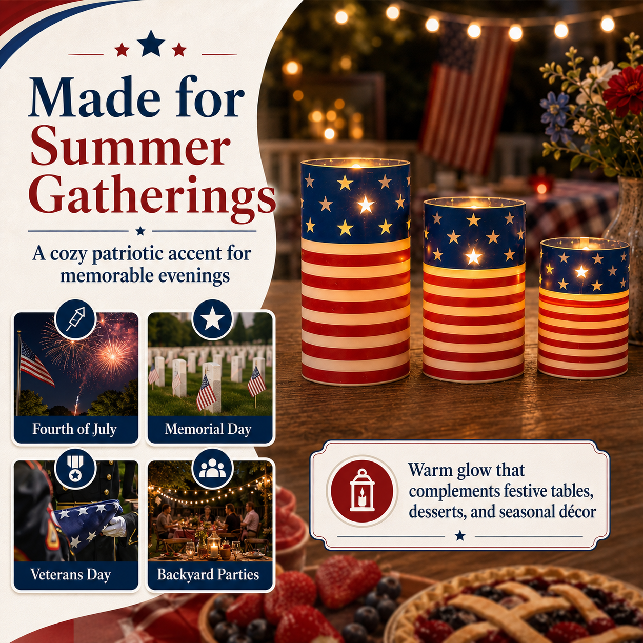A patriotic-themed flameless LED candle set with remote control.