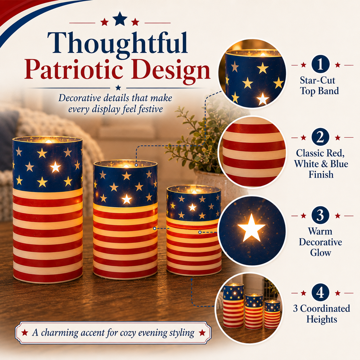 A patriotic-themed flameless LED candle set with remote control.