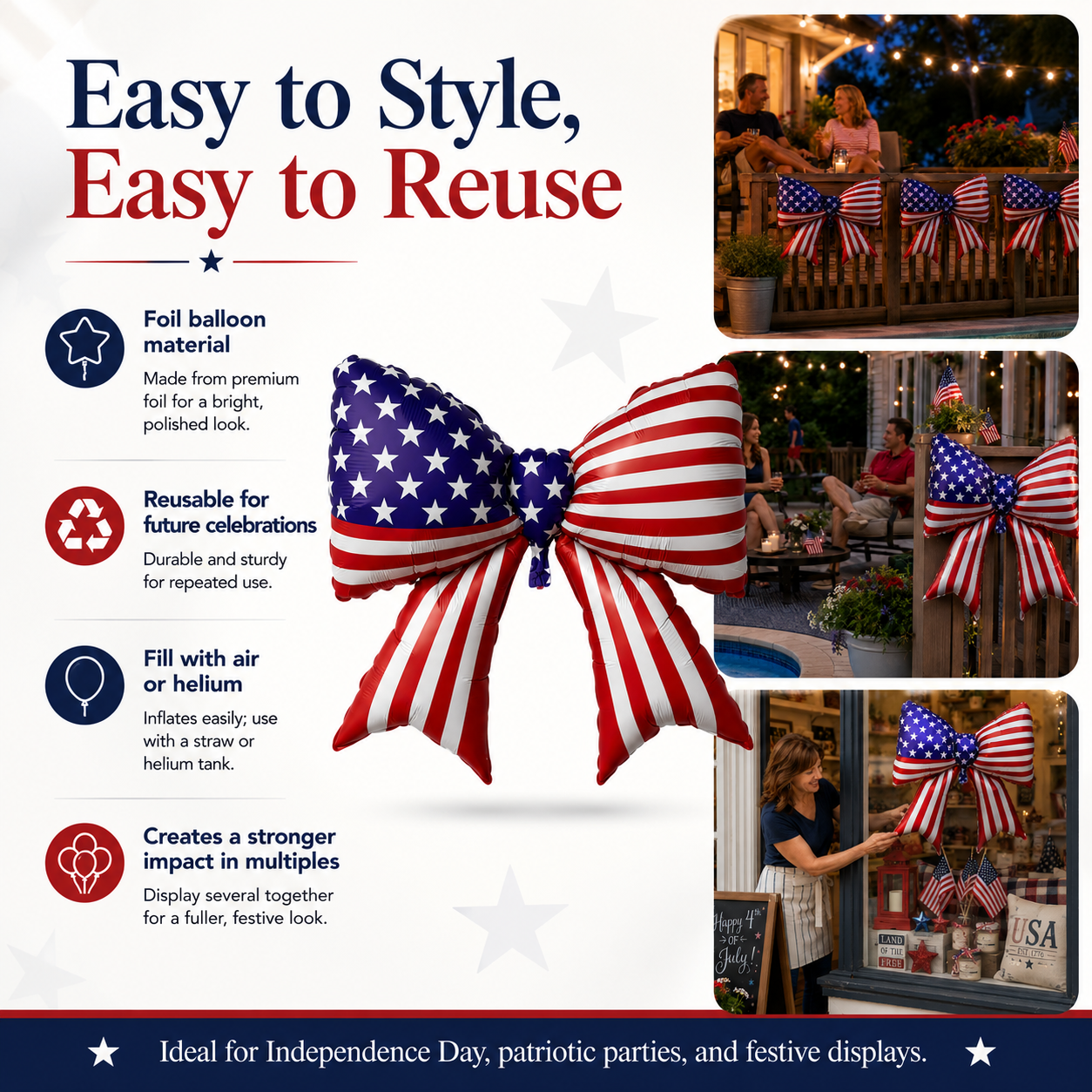 3pcs Patriotic American Flag Bow Foil Balloon