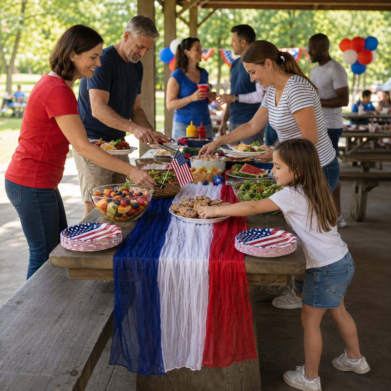 Patriotic Red, White & Blue Gauze Table Runner & Draping Fabric for July 4th Decor