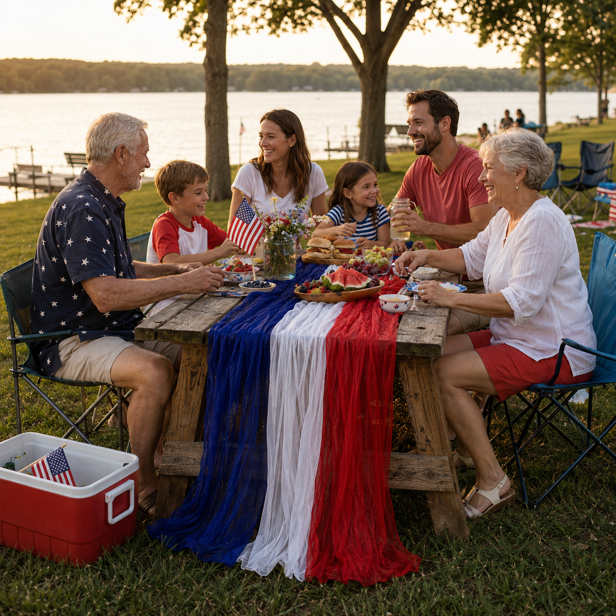 Patriotic Red, White & Blue Gauze Table Runner & Draping Fabric for July 4th Decor