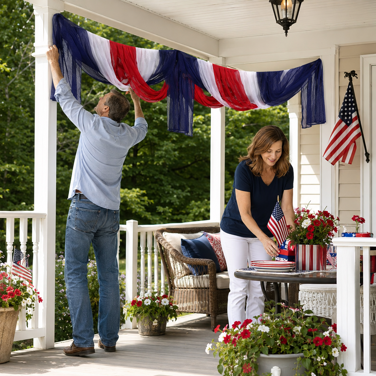 Patriotic Red, White & Blue Gauze Table Runner & Draping Fabric for July 4th Decor