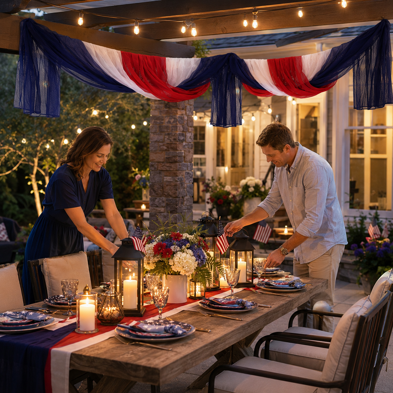 Patriotic Red, White & Blue Gauze Table Runner & Draping Fabric for July 4th Decor