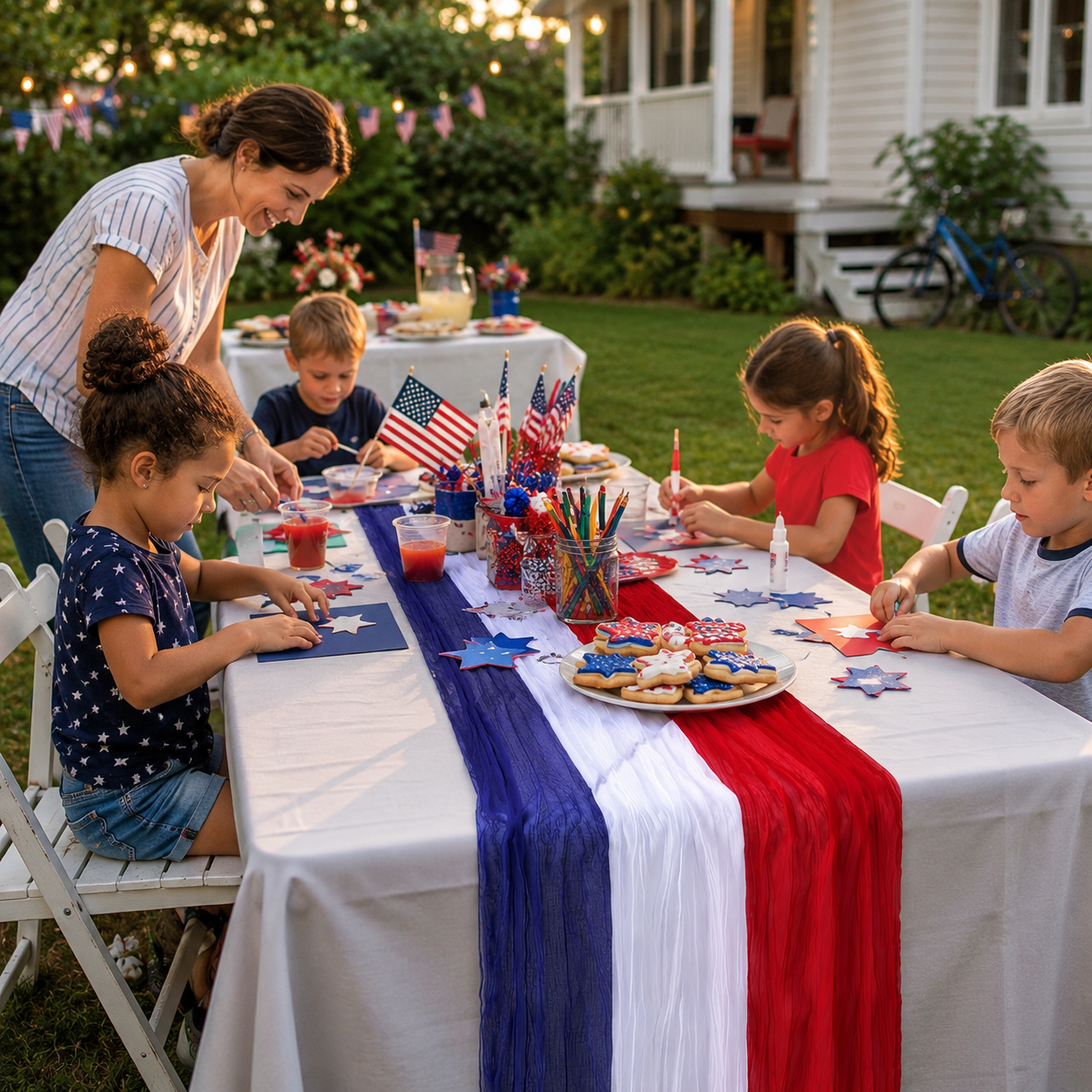 Patriotic Red, White & Blue Gauze Table Runner & Draping Fabric for July 4th Decor