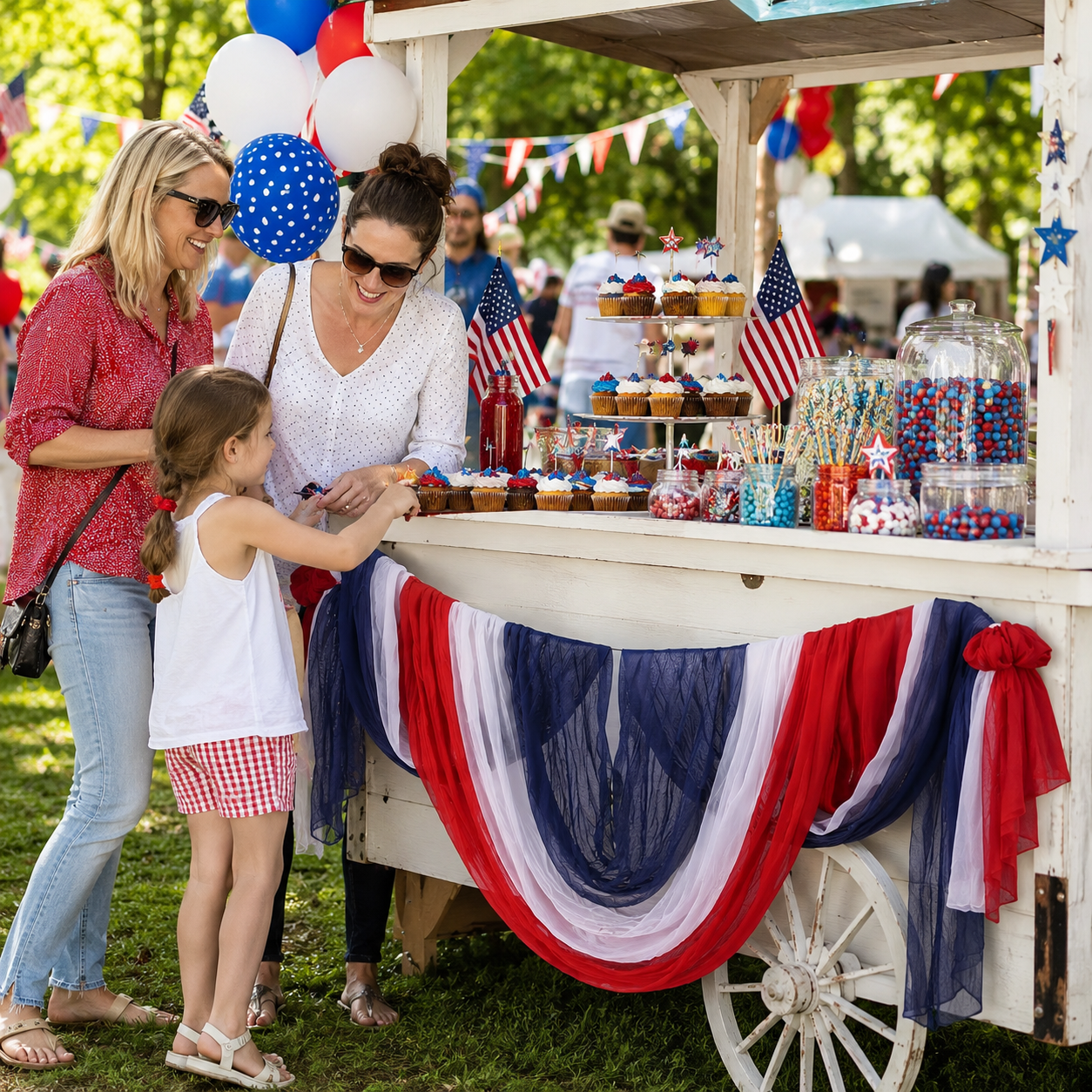 Patriotic Red, White & Blue Gauze Table Runner & Draping Fabric for July 4th Decor