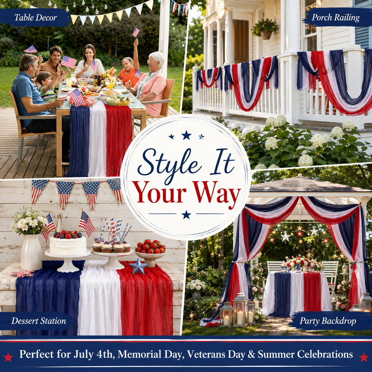 Patriotic Red, White & Blue Gauze Table Runner & Draping Fabric for July 4th Decor
