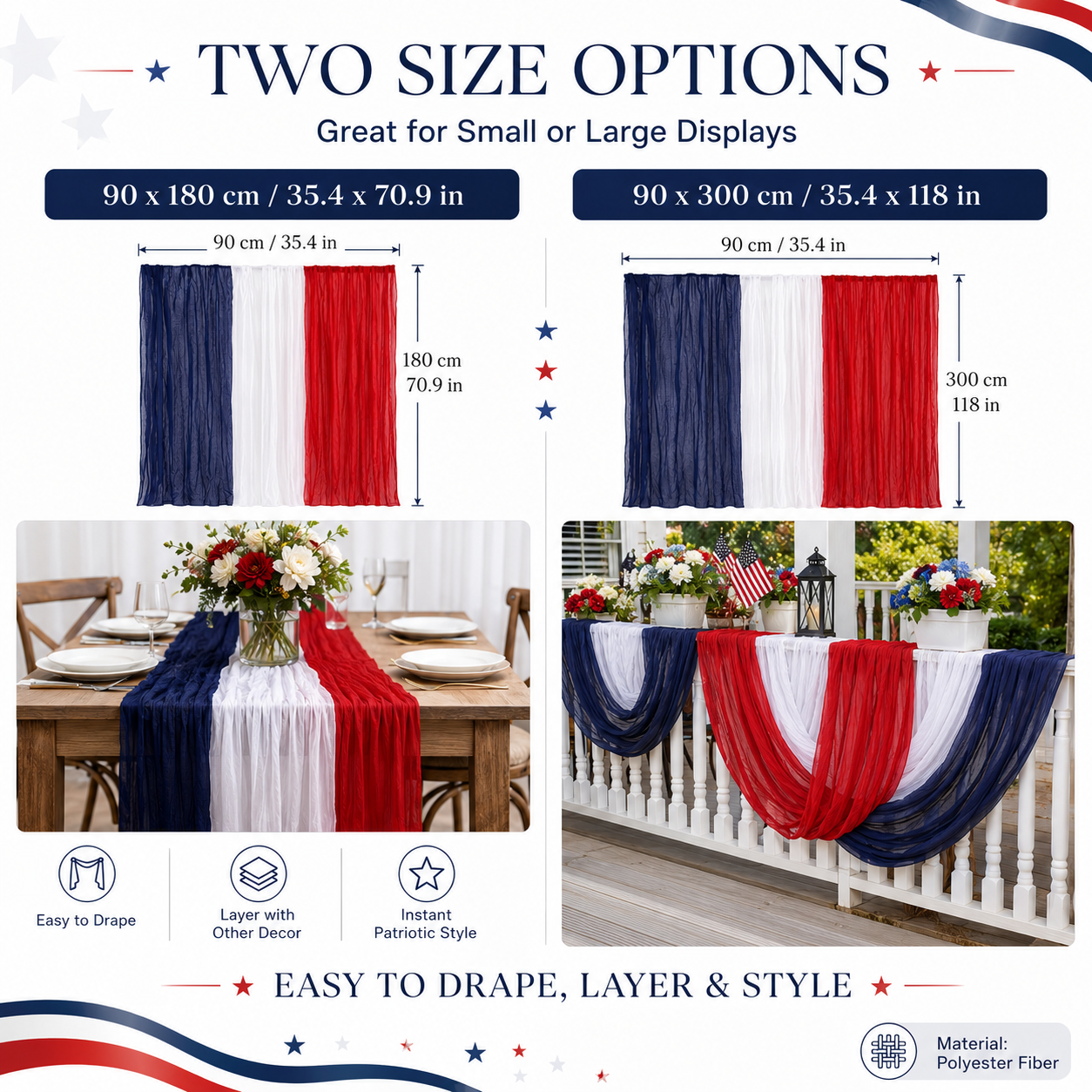 Patriotic Red, White & Blue Gauze Table Runner & Draping Fabric for July 4th Decor