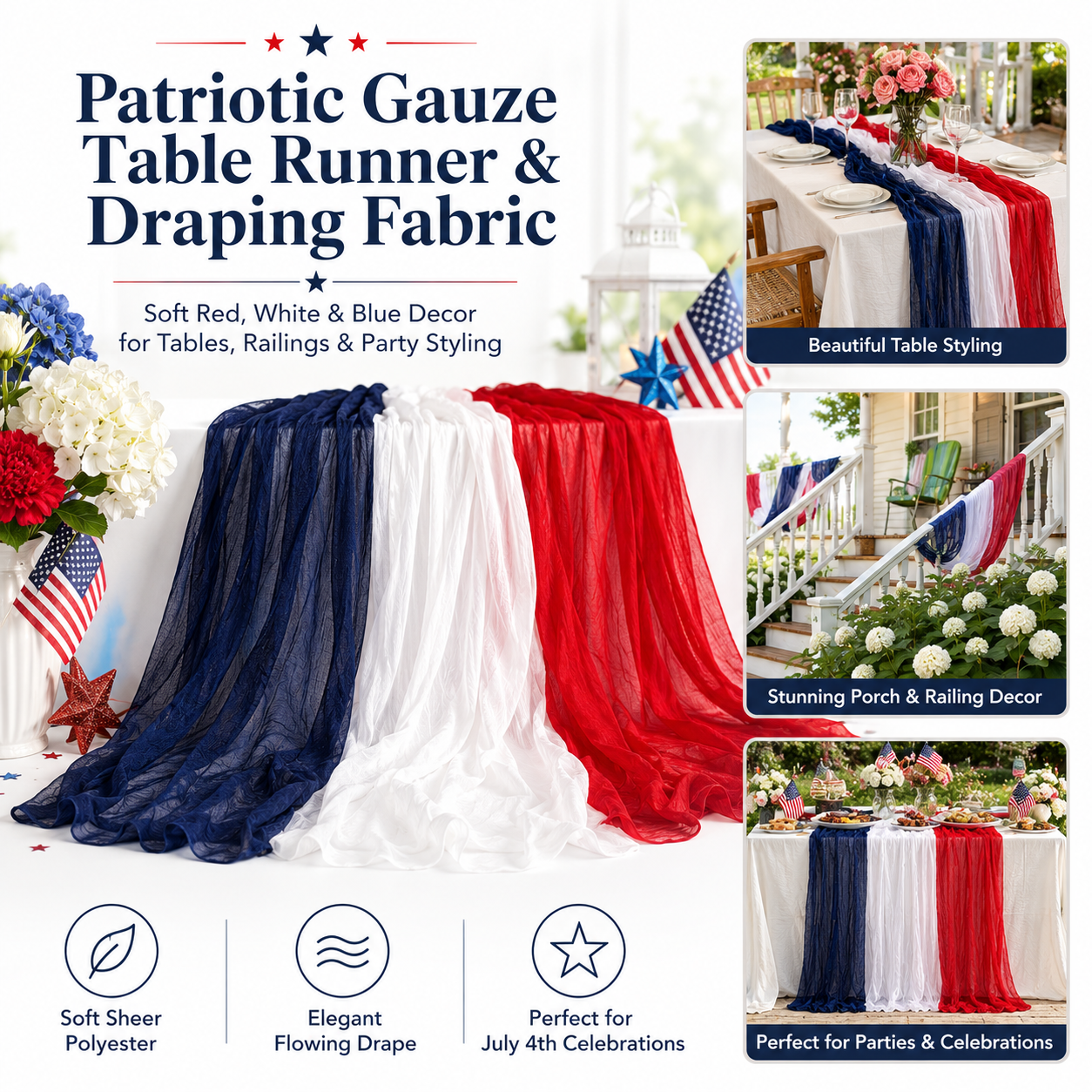 Patriotic Red, White & Blue Gauze Table Runner & Draping Fabric for July 4th Decor
