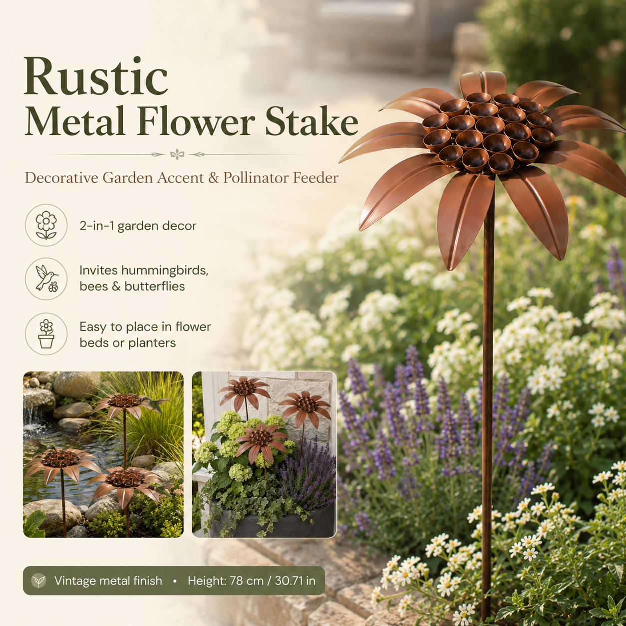 Rustic Metal Flower Garden Stake & Pollinator Feeder