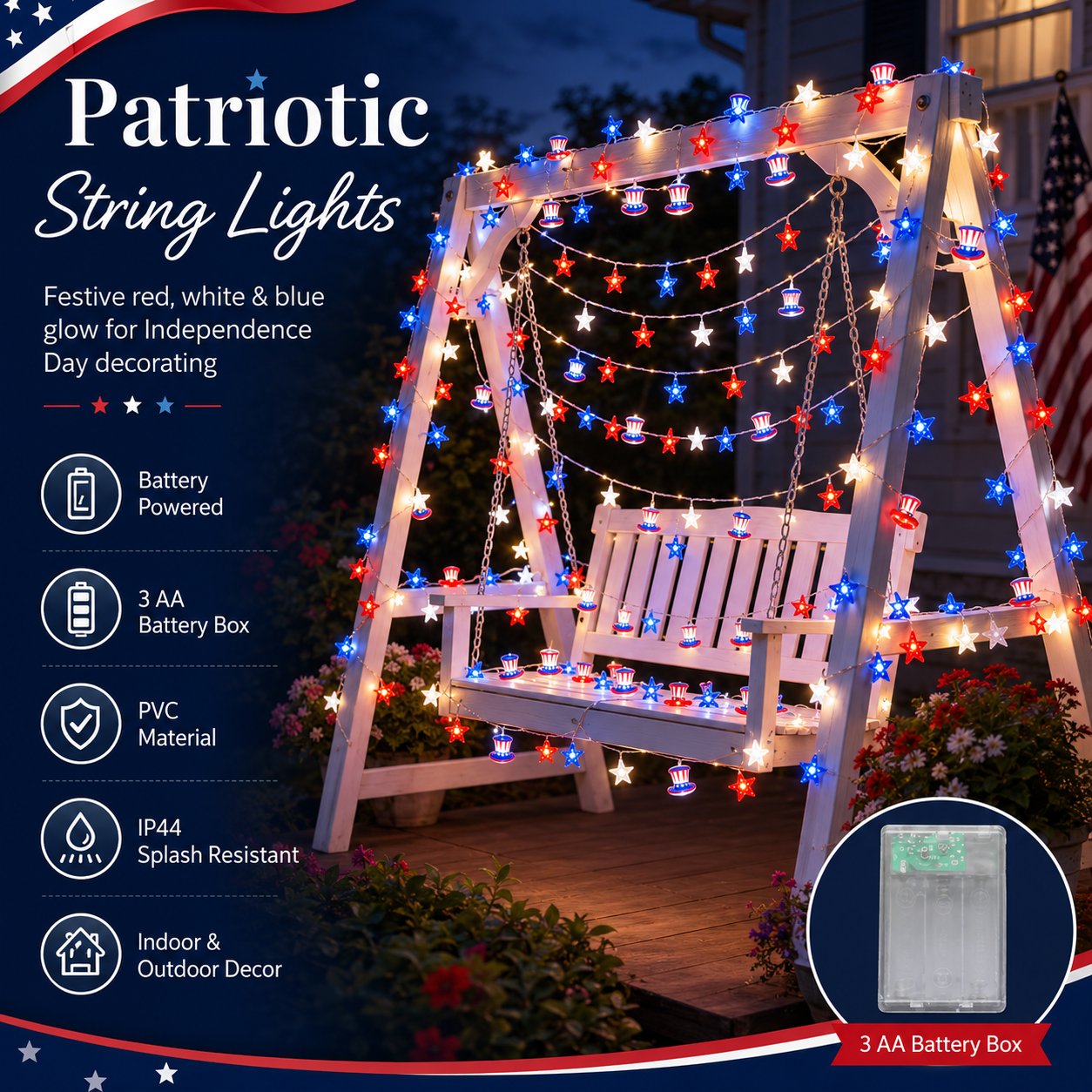 Patriotic Red White & Blue LED String Lights for Independence Day Decor