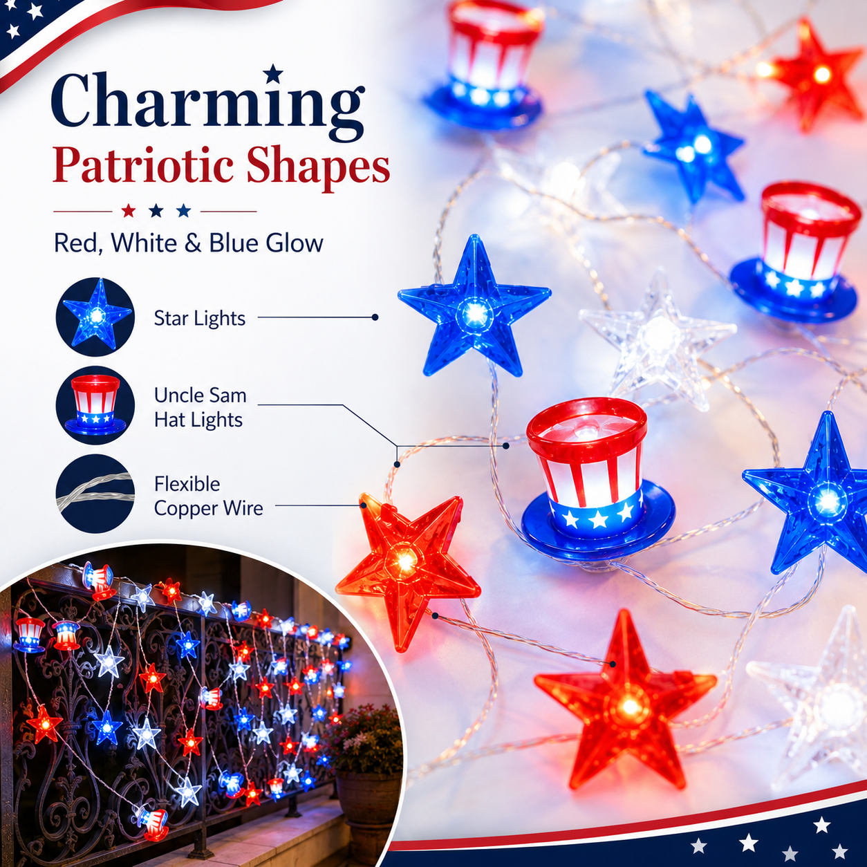 Patriotic Red White & Blue LED String Lights for Independence Day Decor