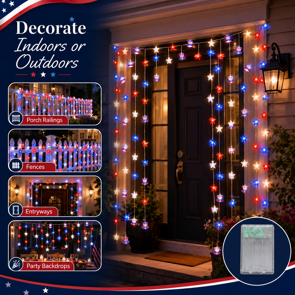 Patriotic Red White & Blue LED String Lights for Independence Day Decor