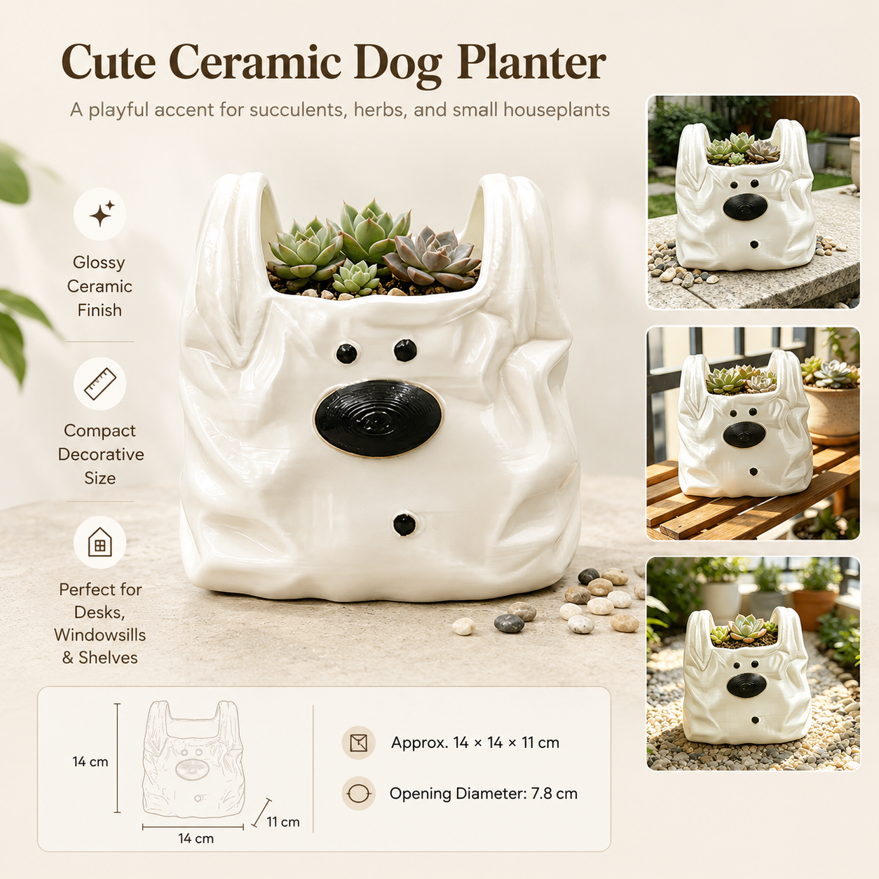Cute Ceramic Dog Planter for Succulents & Small Plants