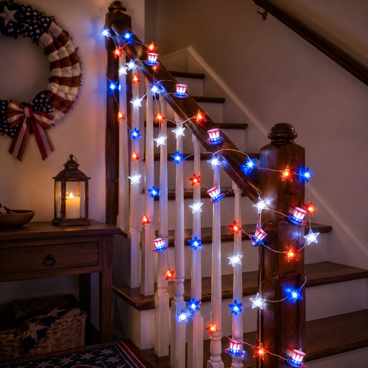 Patriotic Red White & Blue LED String Lights for Independence Day Decor