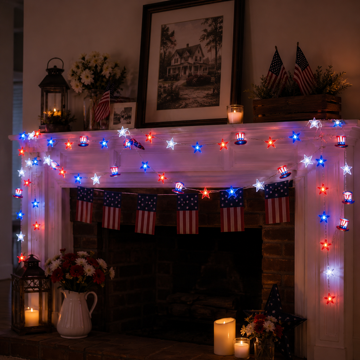 Patriotic Red White & Blue LED String Lights for Independence Day Decor