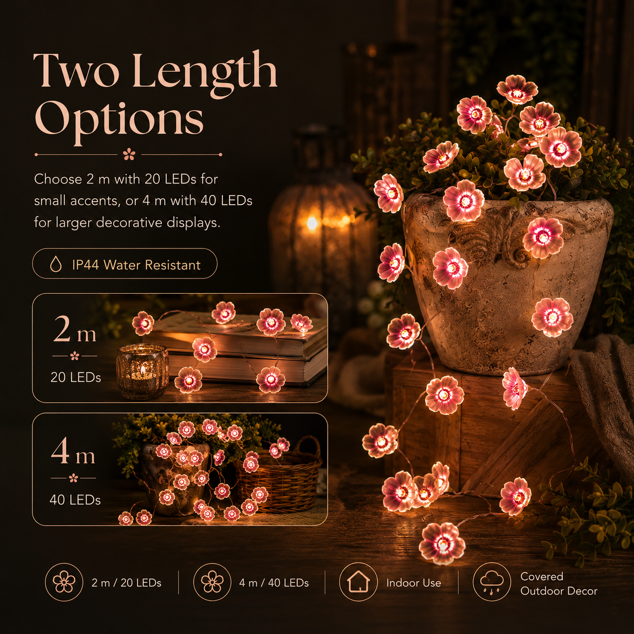 Pink Flower LED Copper Wire String Lights – Battery Powered Floral Fairy Lights