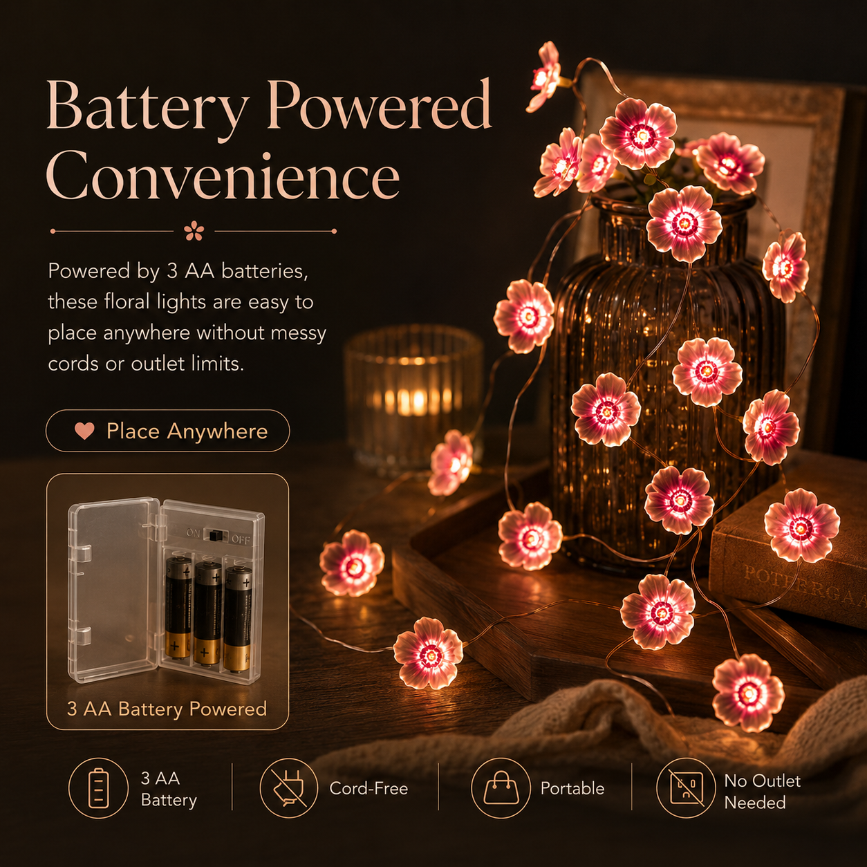 Pink Flower LED Copper Wire String Lights – Battery Powered Floral Fairy Lights